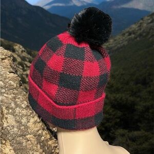 Red and Black Checkered Beanie with Pom Pom Unisex One Size
